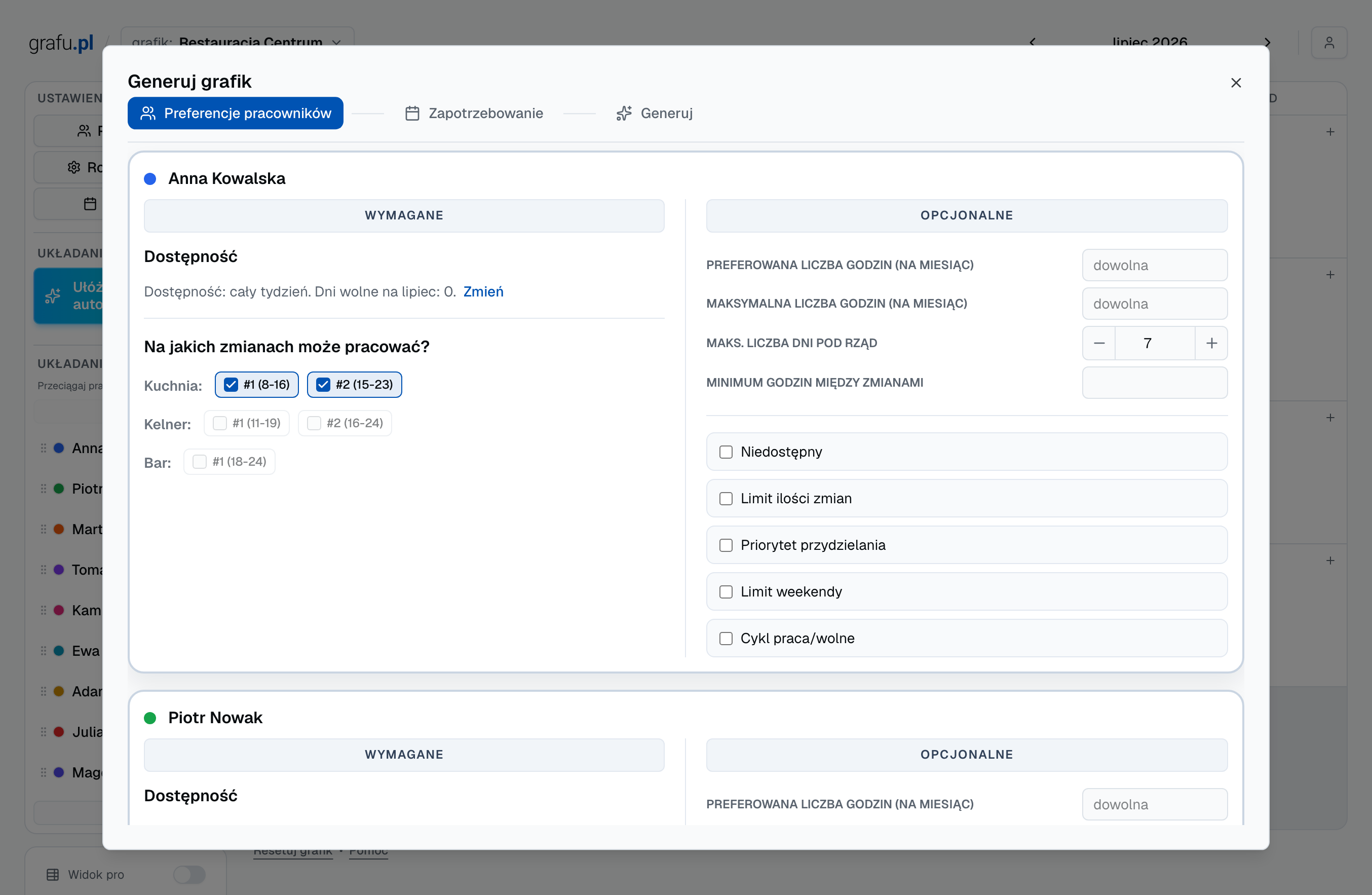 Ekran automatycznego układania grafiku pracy z preferencjami pracowników