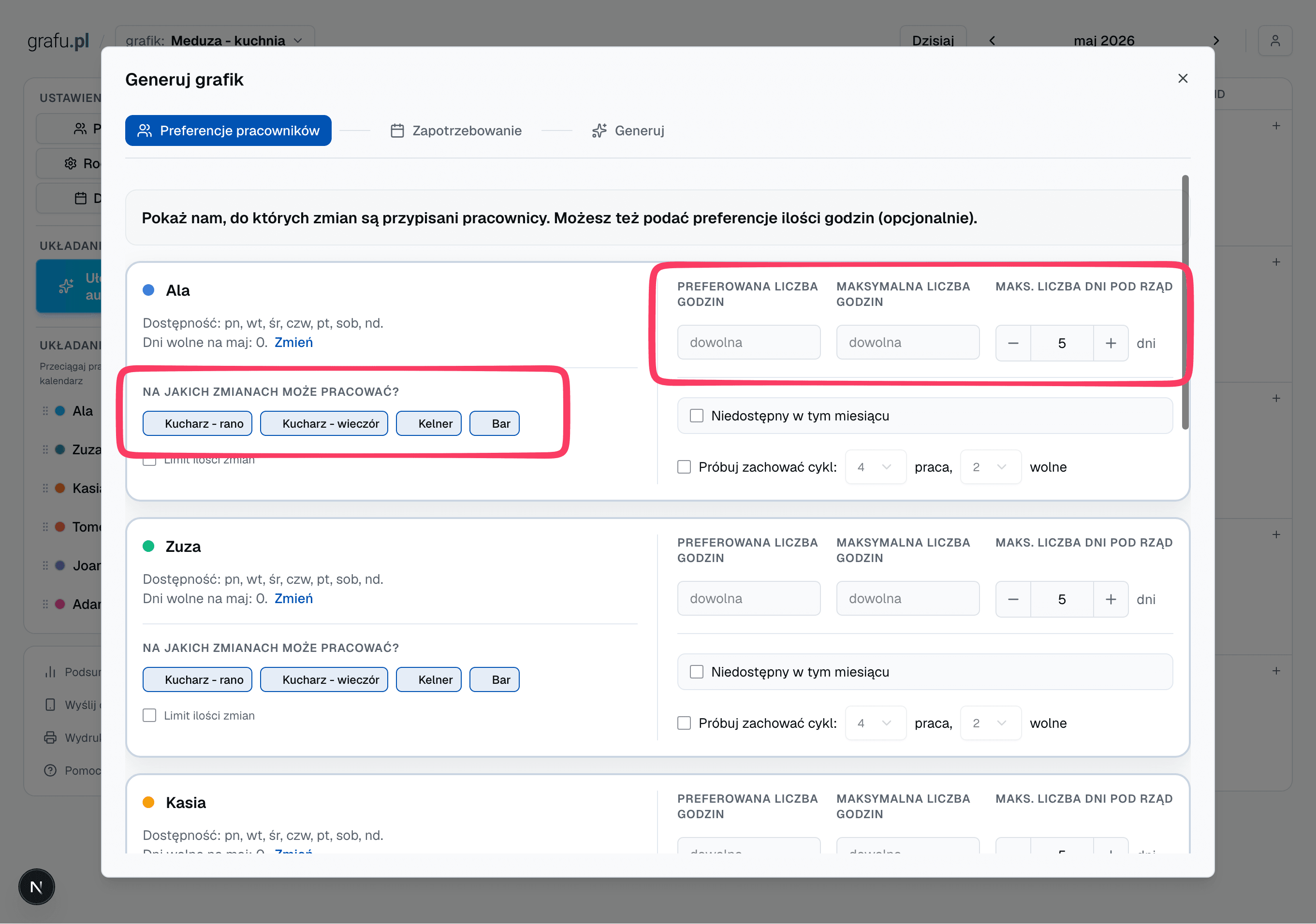 Ustawianie informacji potrzebnych do automatycznego ułożenia grafiku pracy restauracji