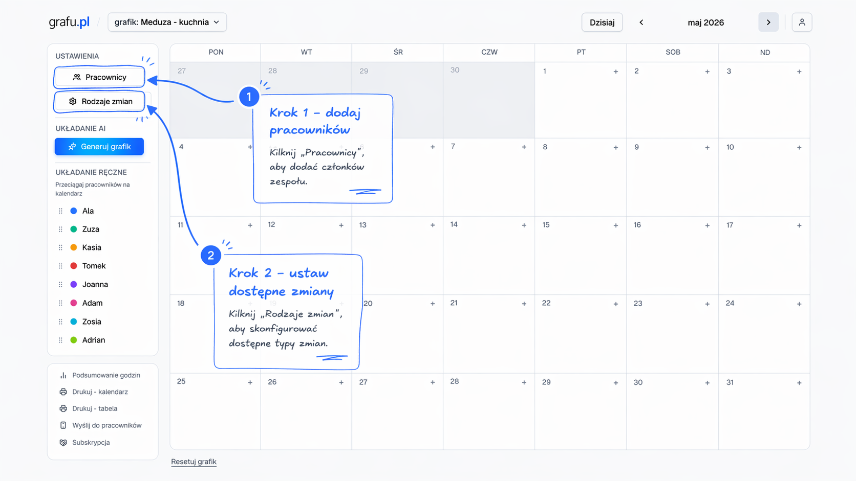 Ekran dodawania pracowników i rodzajów zmian