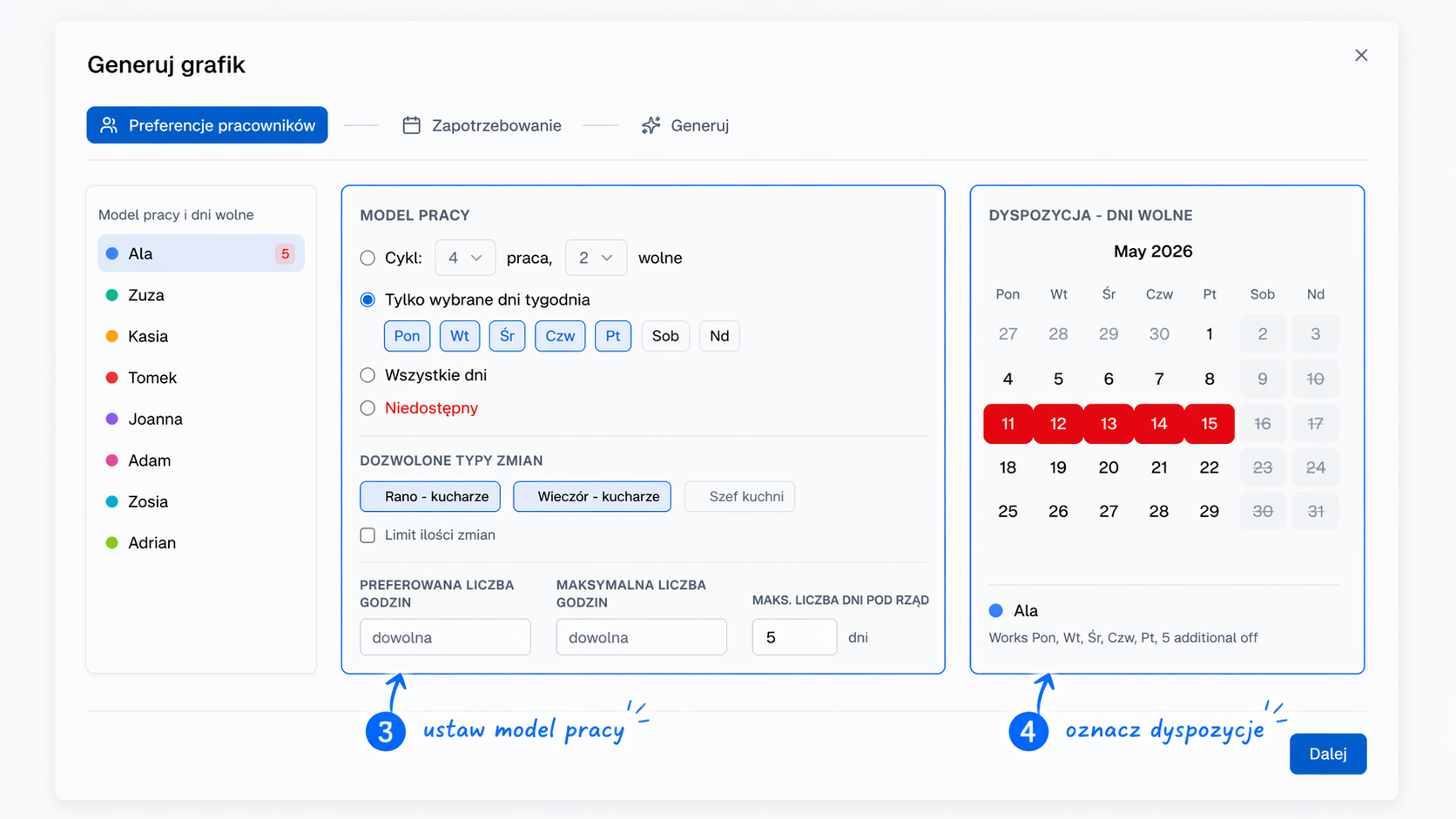 Ekran ustawiania preferencji pracowników i dyspozycyjności