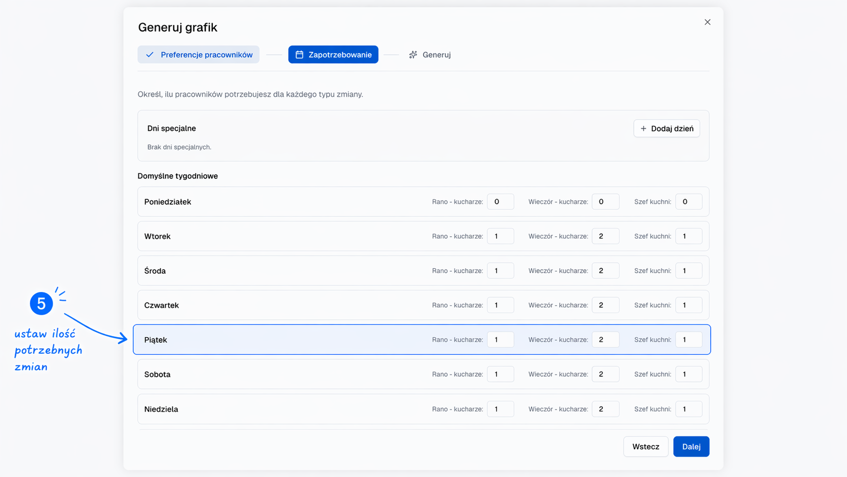 Ekran ustawiania zapotrzebowania na zmiany