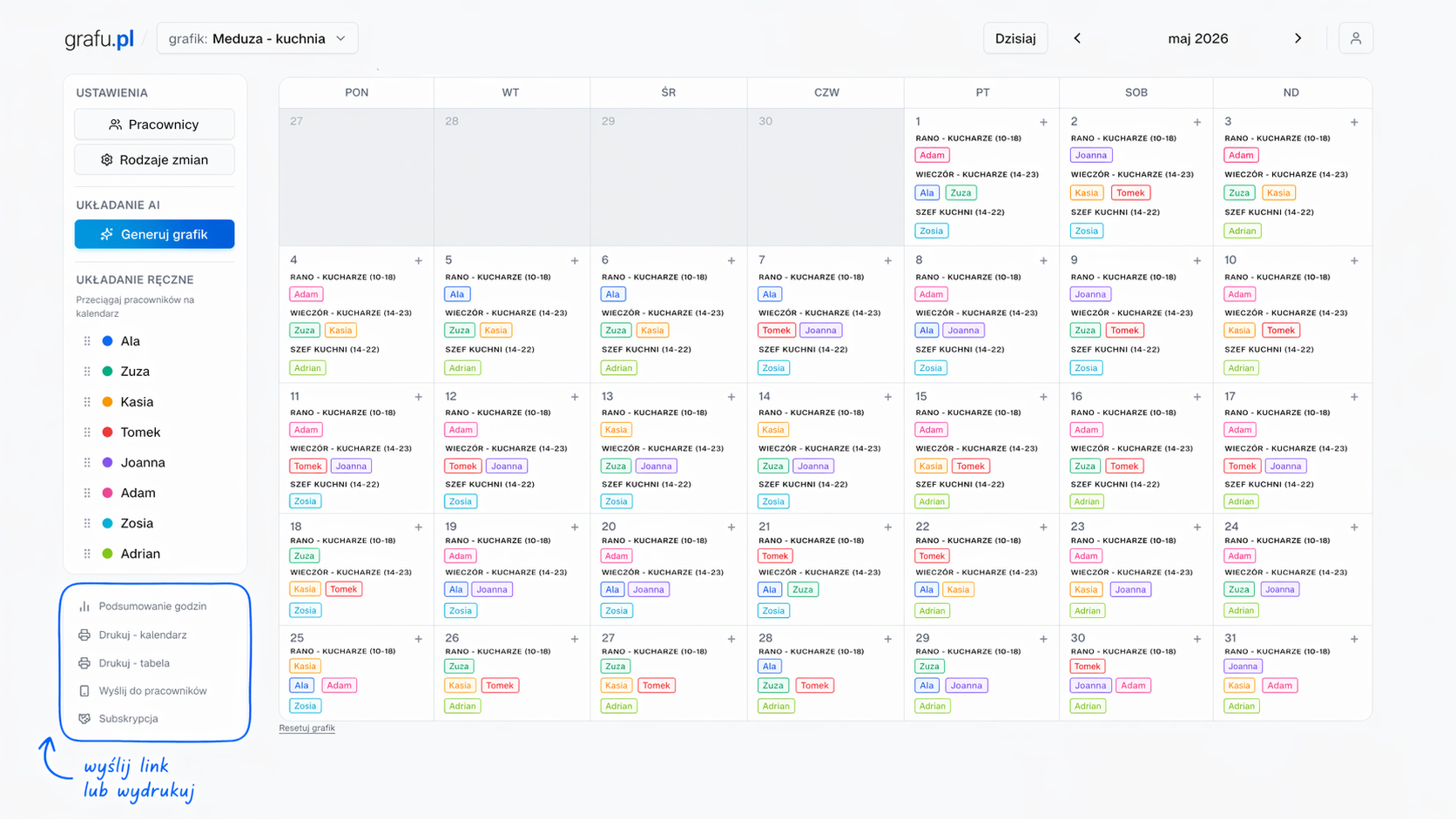 Gotowy grafik pracy z opcją wysłania linku lub wydruku